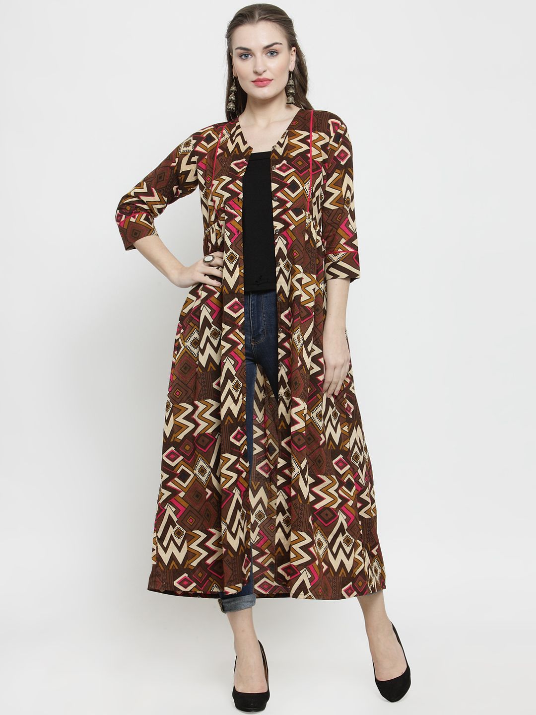 Indibelle Women Brown & Cream-Coloured Printed Open Front Shrug Price in India