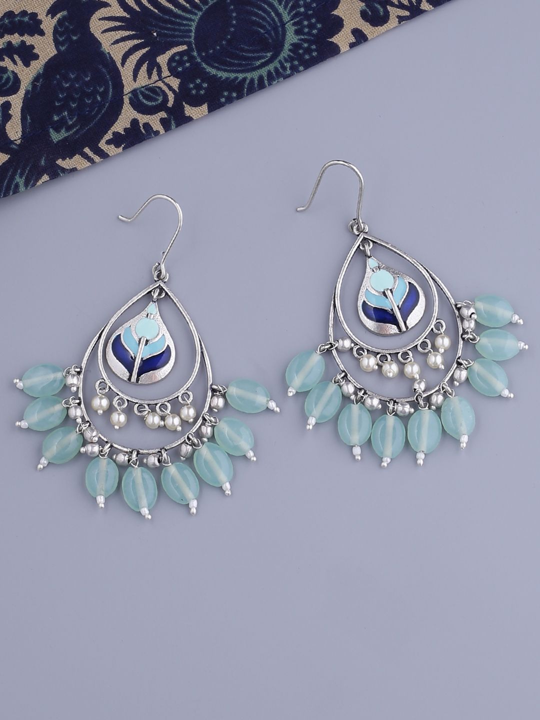 Studio Voylla Silver-Plated & Blue Classic Drop Earrings Price in India