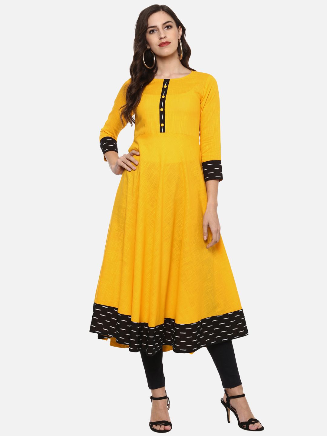 YASH GALLERY Women Yellow & Black Printed Anarkali Kurta Price in India