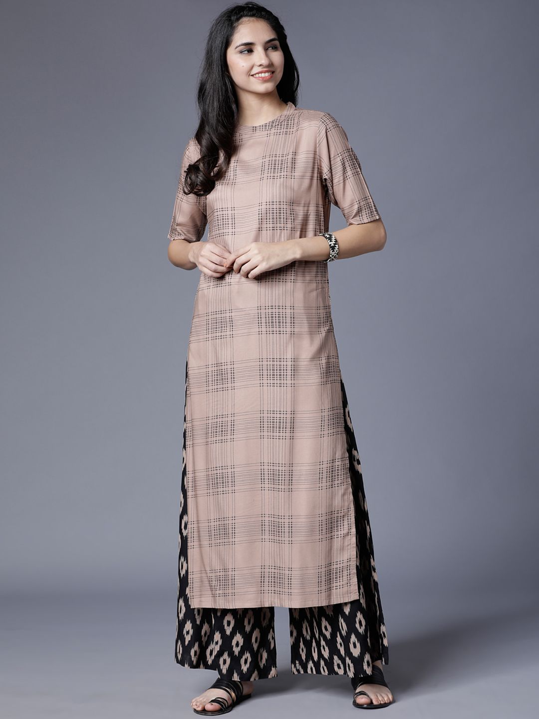 Vishudh Women Brown & Black Printed Kurta with Palazzos Price in India