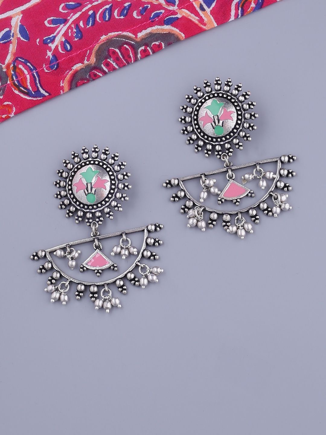 Studio Voylla Silver-Plated Enamelled Crescent Shaped Drop Earrings Price in India