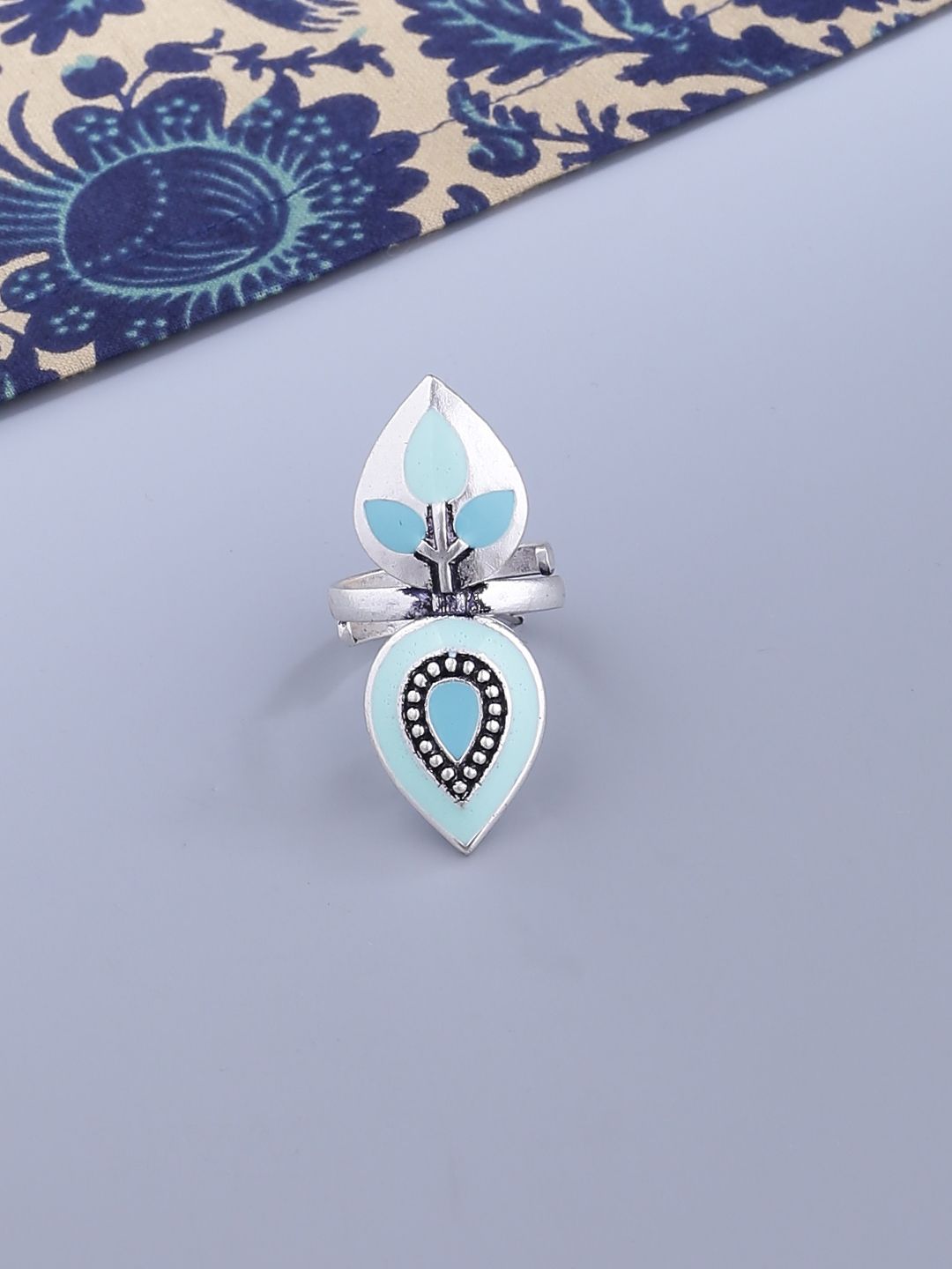 Studio Voylla Women Enamelled Silver-Plated & Blue Leaf Shaped Ring Price in India