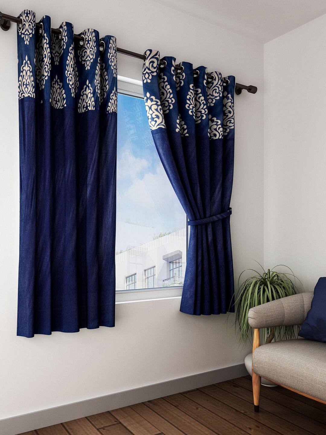 Fashion String Navy Blue & Cream-Coloured Set of 2 Window Curtains Price in India