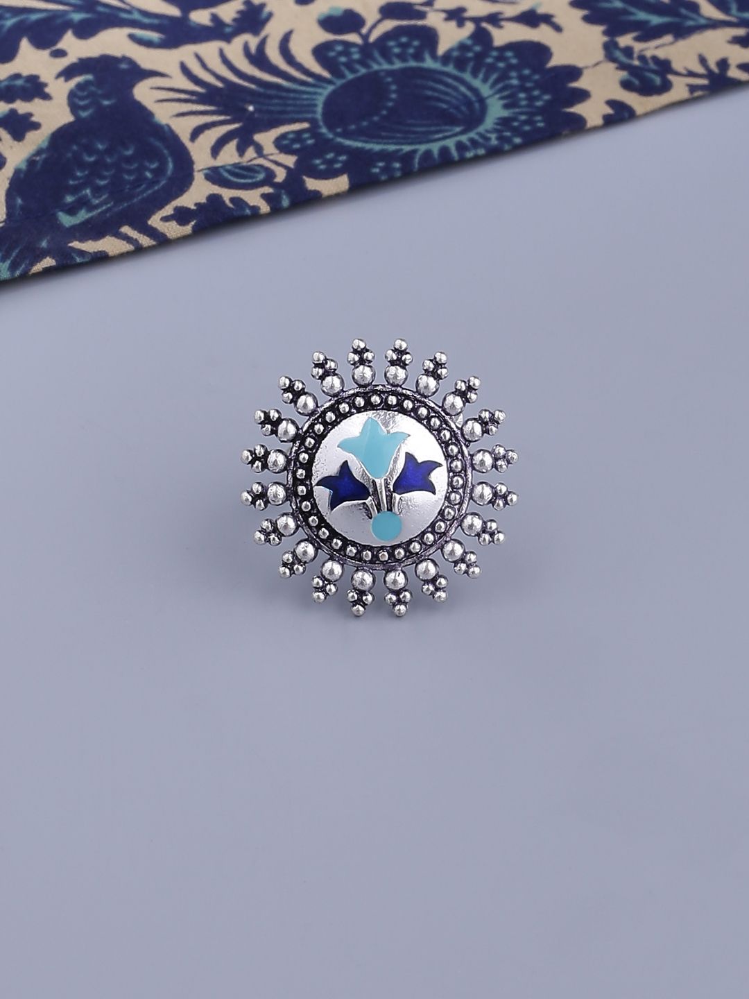 Studio Voylla Women Silver-Plated & Blue Enamelled Circular Shaped Finger Ring Price in India