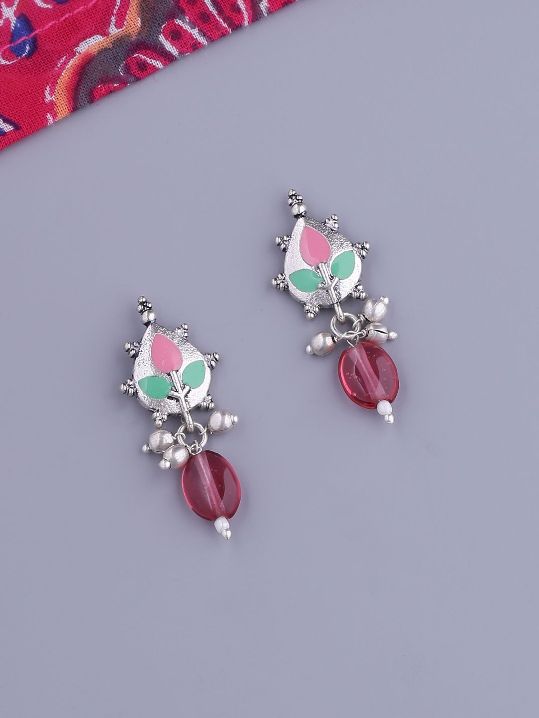 Studio Voylla Silver-Plated & Red Leaf Shaped Drop Earrings Price in India