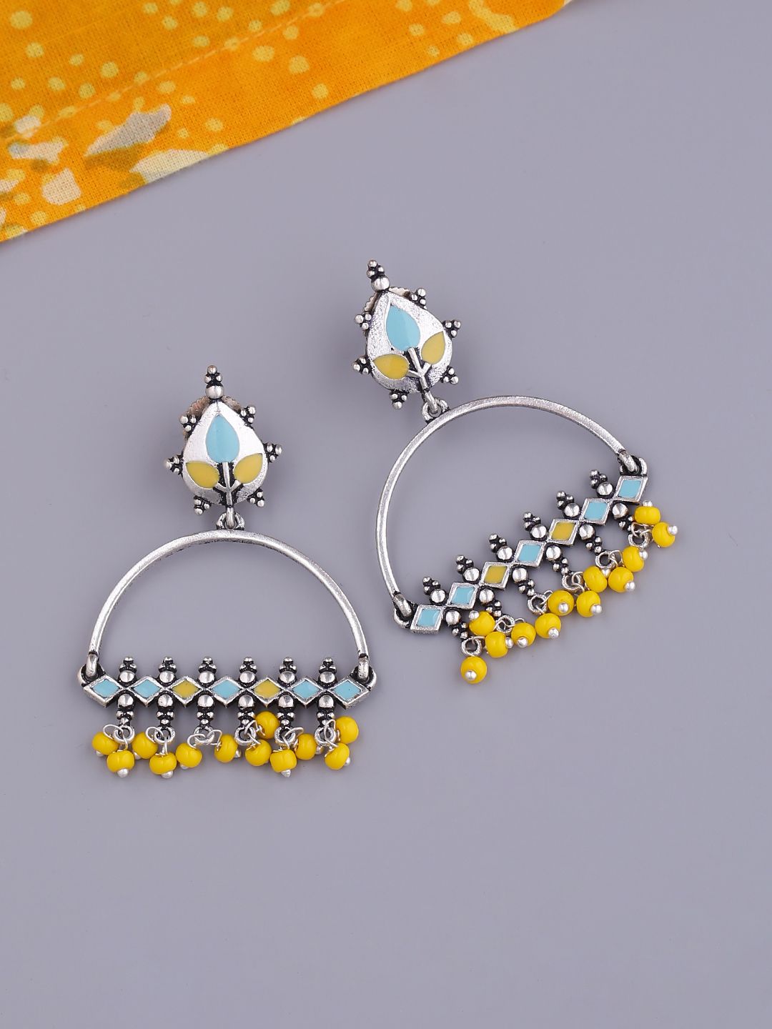 Studio Voylla Silver-Plated & Enamelled Contemporary Drop Earrings Price in India