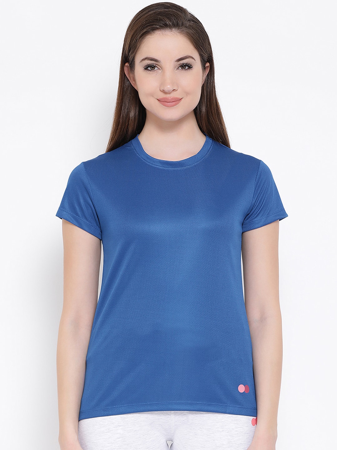 Clovia Women Blue Solid Slim Fit Active-Wear Round Neck T-shirt Price in India