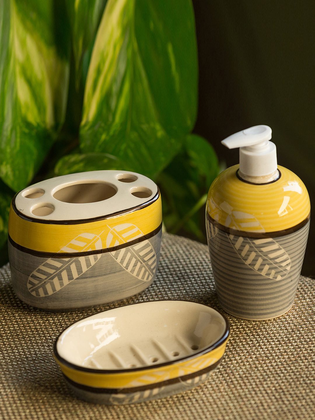 ExclusiveLane Set of 3 Grey & Yellow Printed Ceramic Bathroom Accessories Price in India