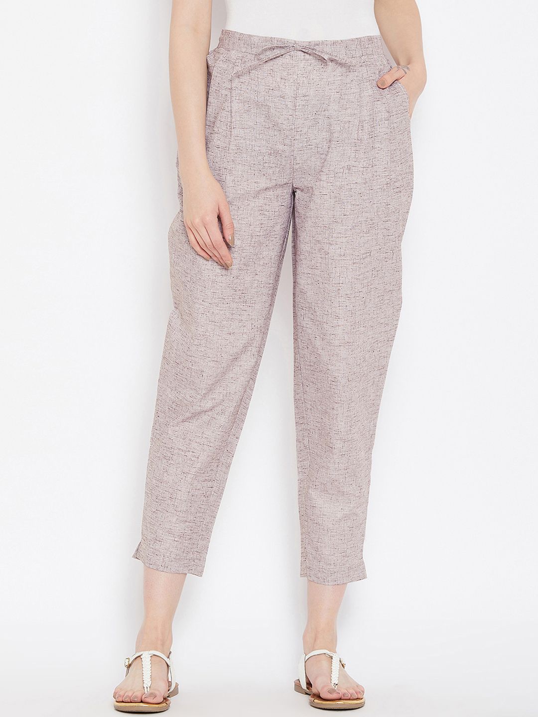 Bitterlime Women Grey Relaxed Regular Fit Self Design Peg Trousers Price in India