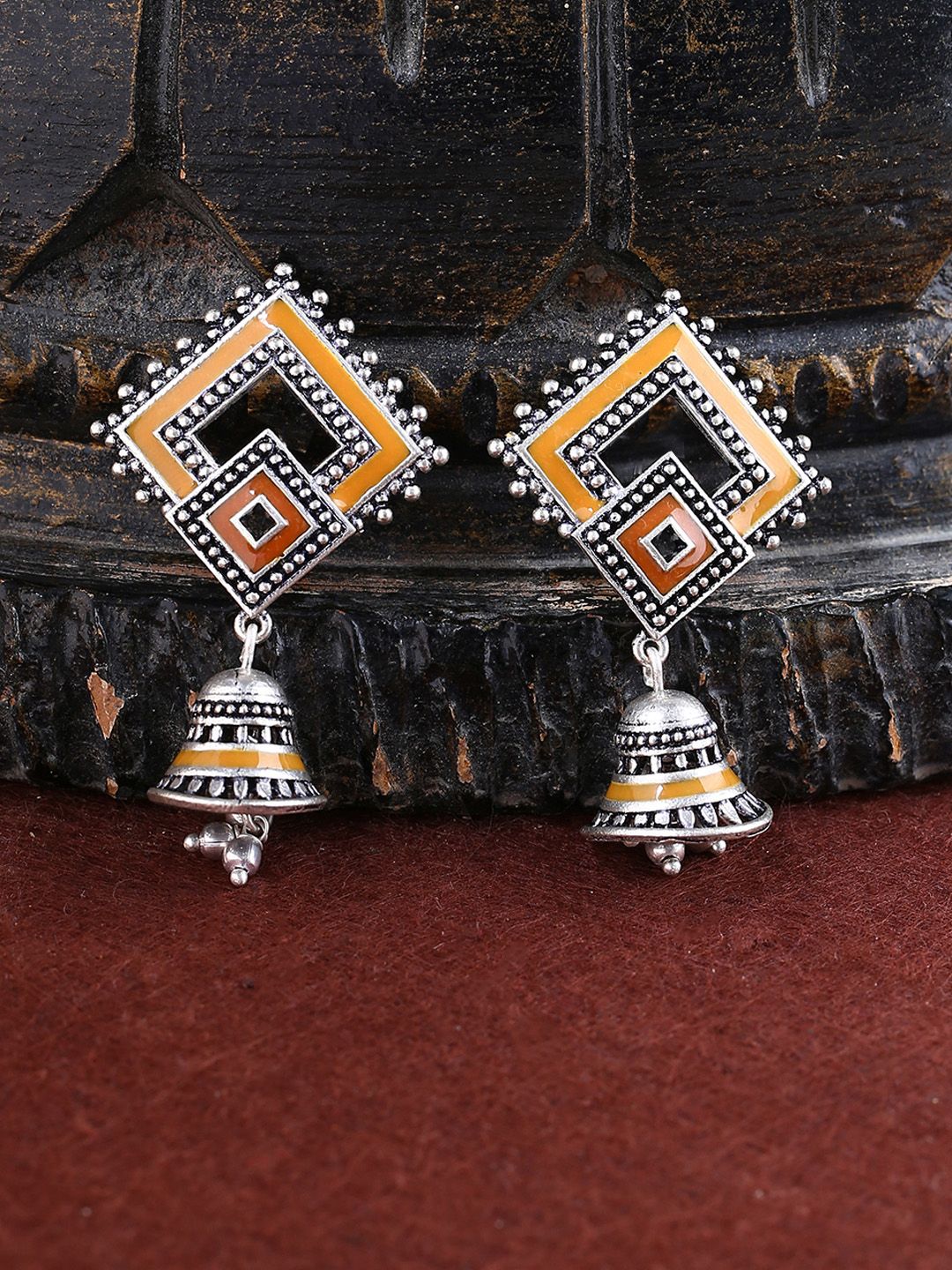 Studio Voylla Silver-Plated & Yellow Geometric Jhumkas Price in India