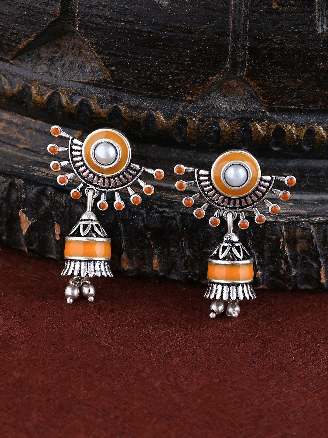 Studio Voylla Oxidised Silver-Toned Contemporary Jhumkas Price in India