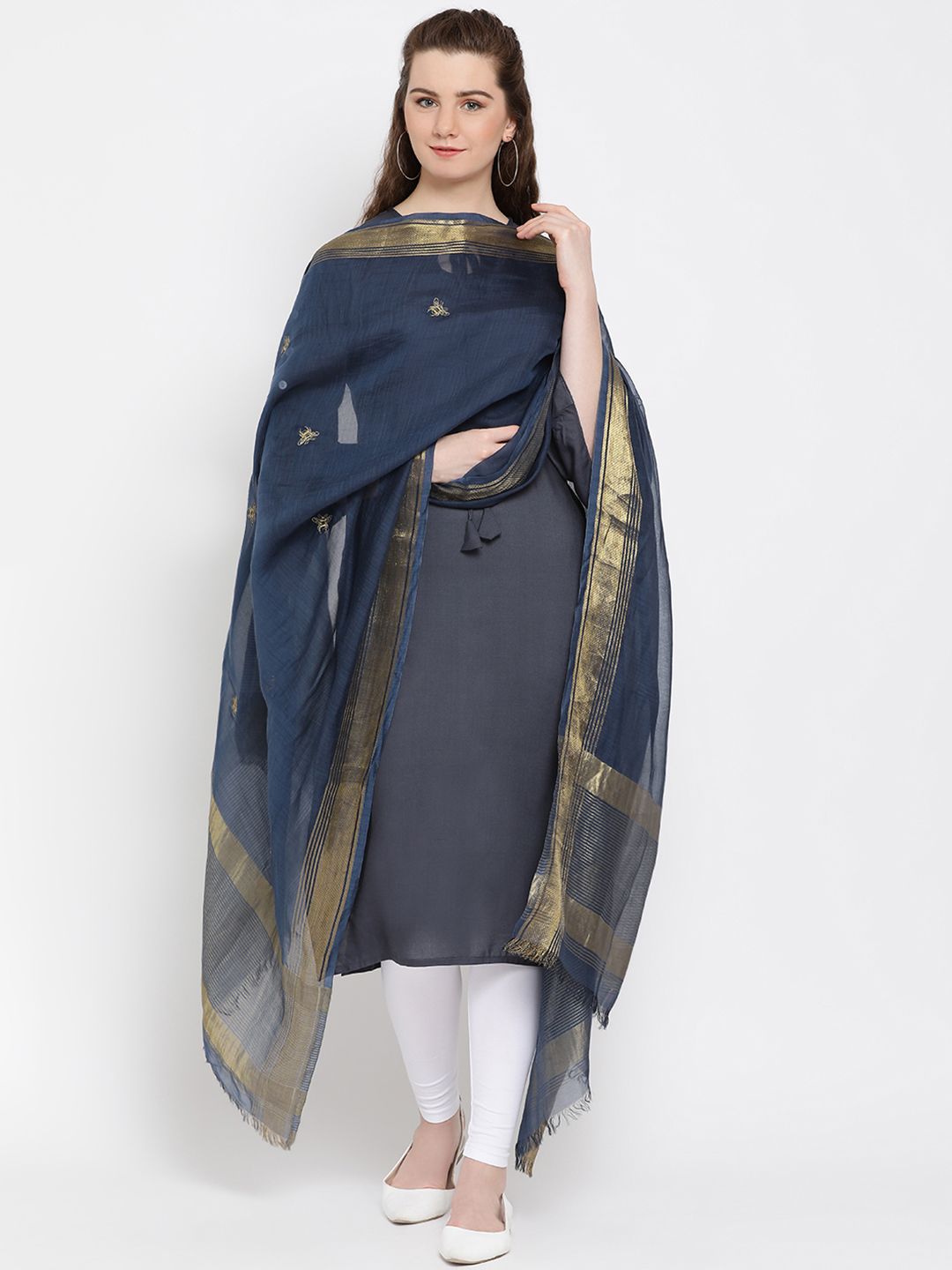 SHINGORA Navy Blue Solid Antimicrobial Dupatta Price in India