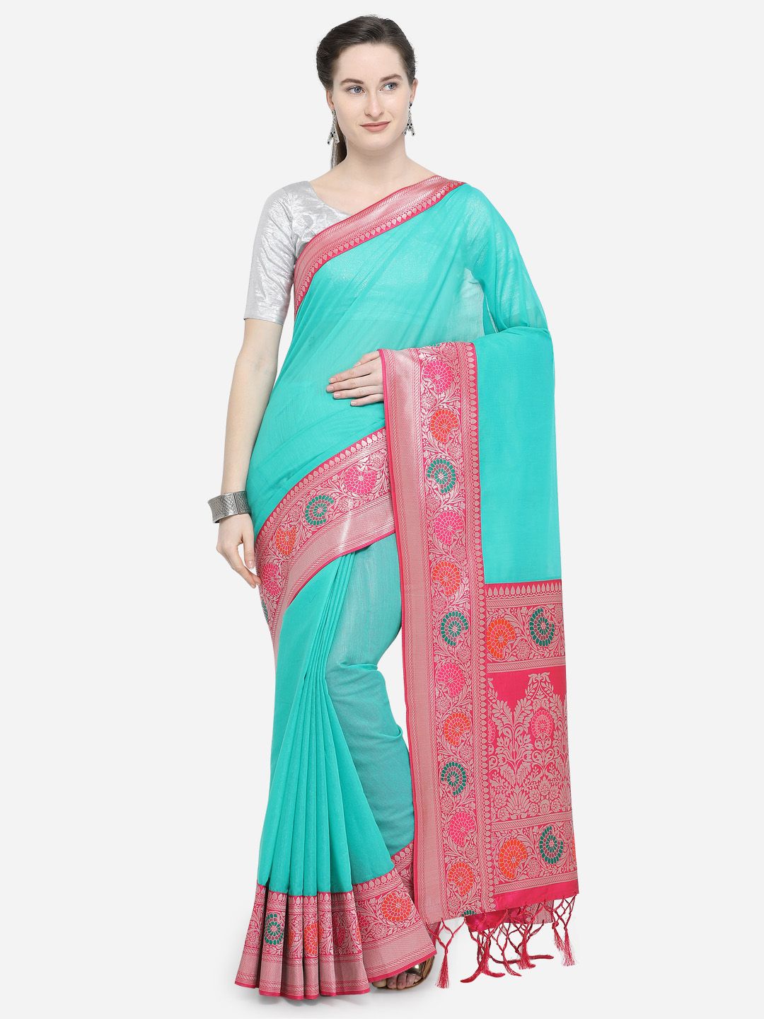 Varkala Silk Sarees Turquoise Blue & Pink Silk Cotton Woven Design Banarasi Saree Price in India