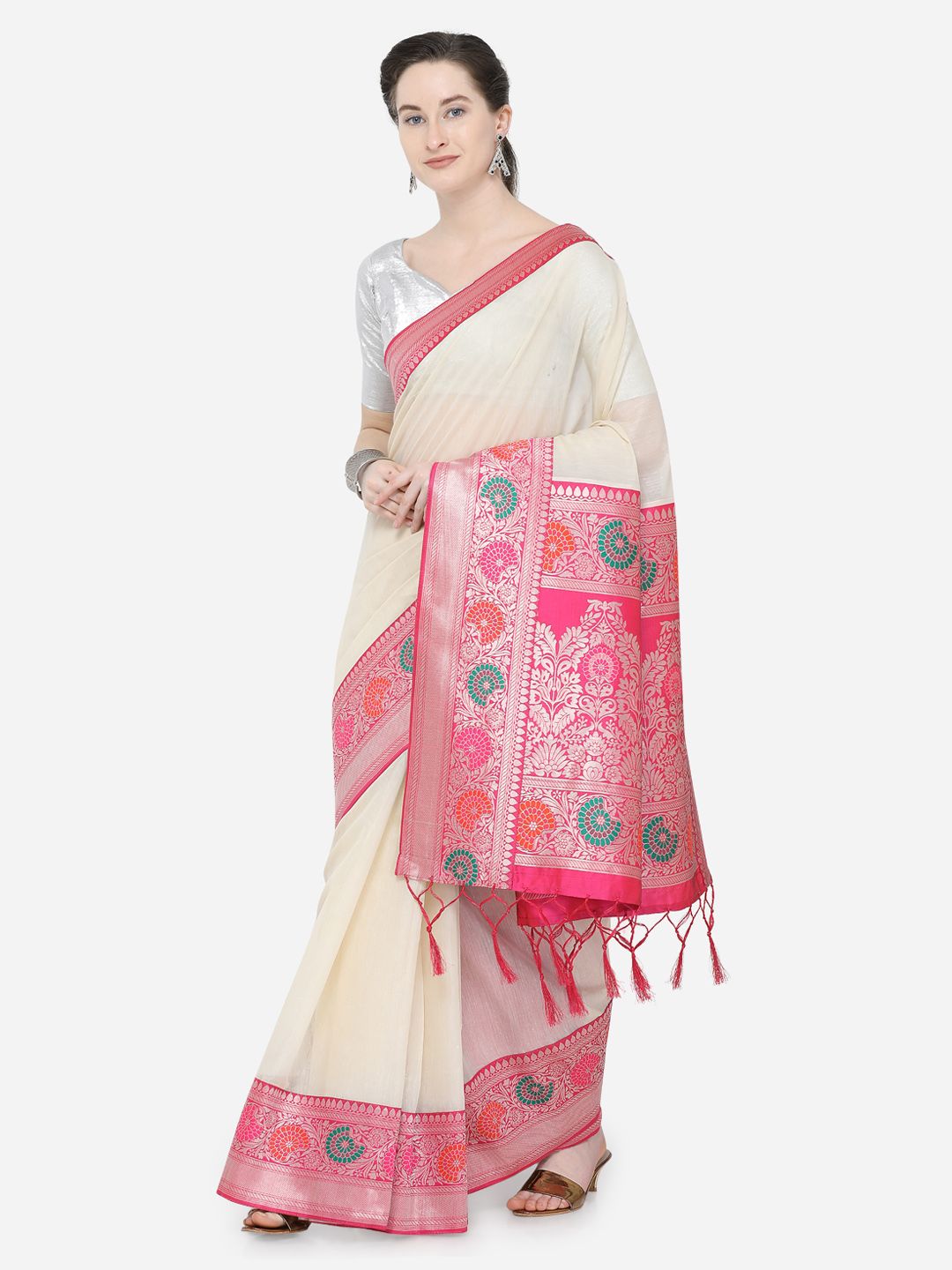 Varkala Silk Sarees Cream-Coloured & Pink Silk Cotton Woven Design Banarasi Saree Price in India