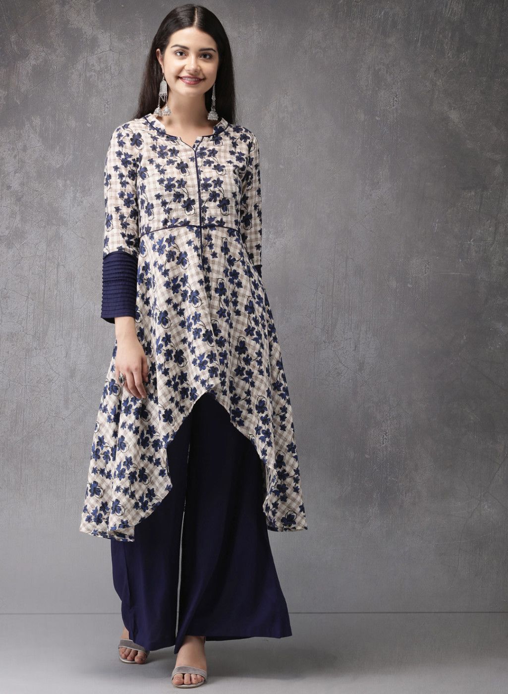 Anouk Beige & Navy Blue Printed Kurta With Palazzo