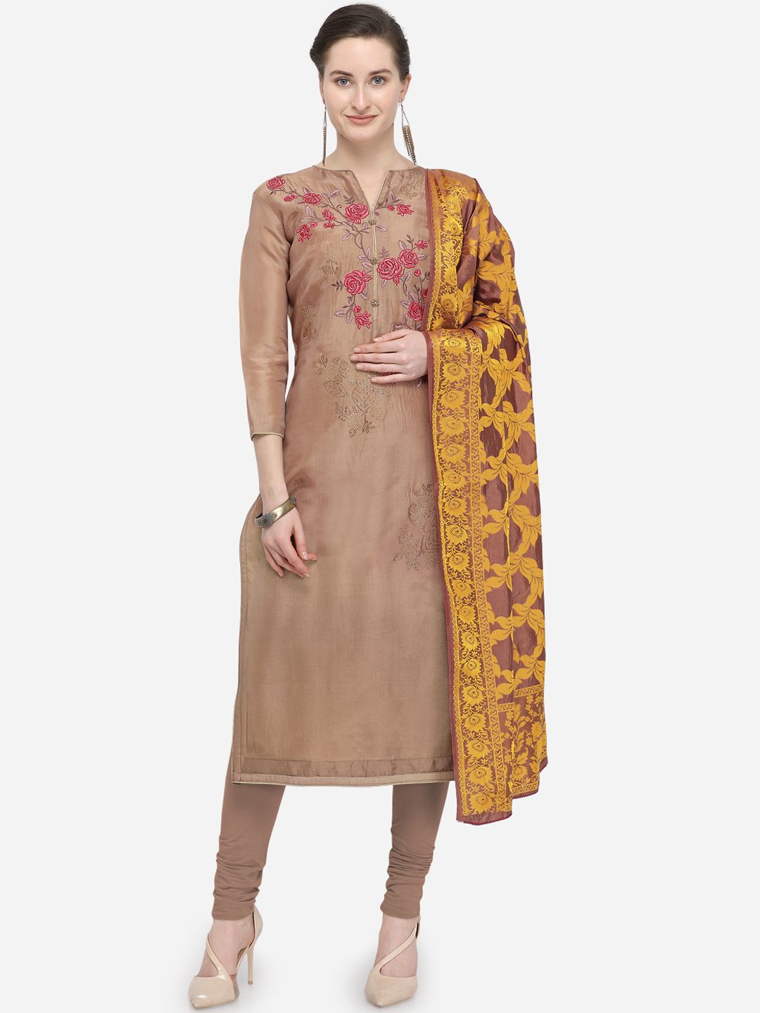 Rajnandini Beige Silk Blend Unstitched Dress Material Price in India