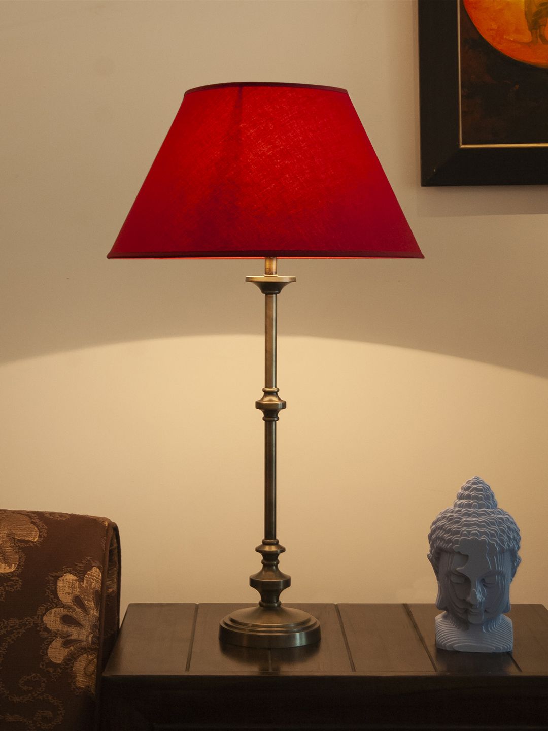 THE LIGHT STORE Gold-Toned & Red Solid Bedside Standard Table Lamp with Shade Price in India