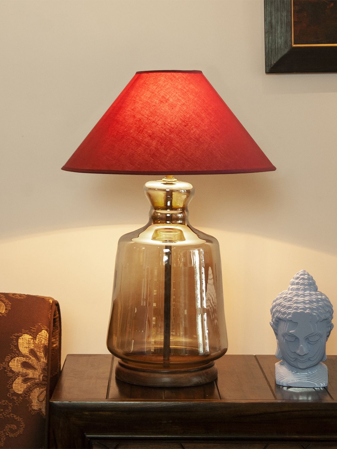 THE LIGHT STORE Grey & Red Solid Bedside Standard Table Lamp with Shade Price in India