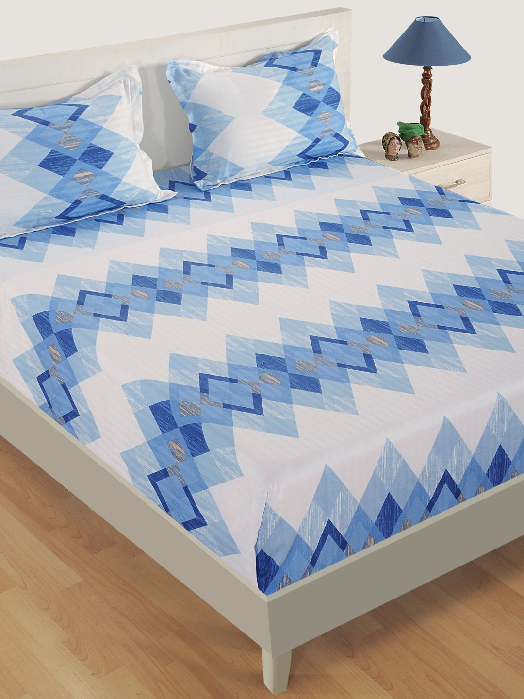 SWAYAM Blue & White Geometric 250 TC Cotton 1  Queen Bedsheet with 2 Pillow Covers Price in India