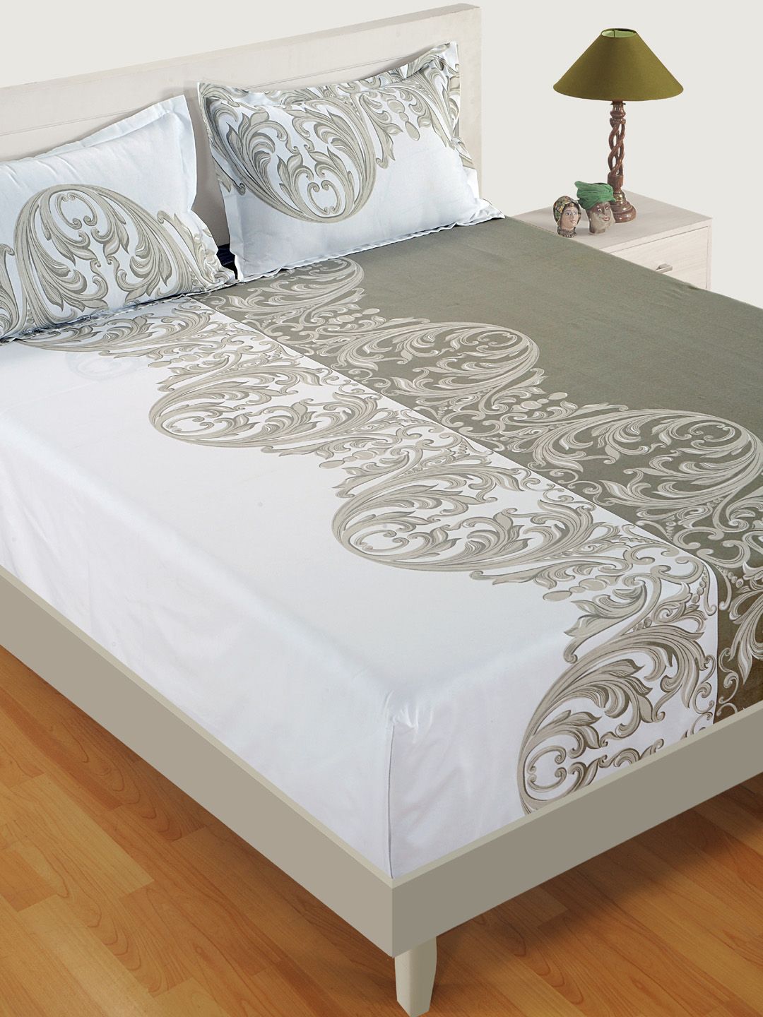 SWAYAM White & Grey Ethnic Motifs 144 TC Cotton 1  Queen Bedsheet with 2 Pillow Covers Price in India