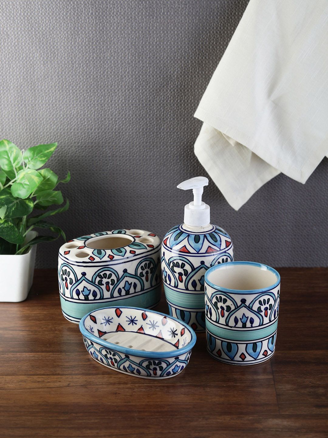 VarEesha Set of 4 Turquoise Blue & White Printed Ceramic Bath Accessories Price in India