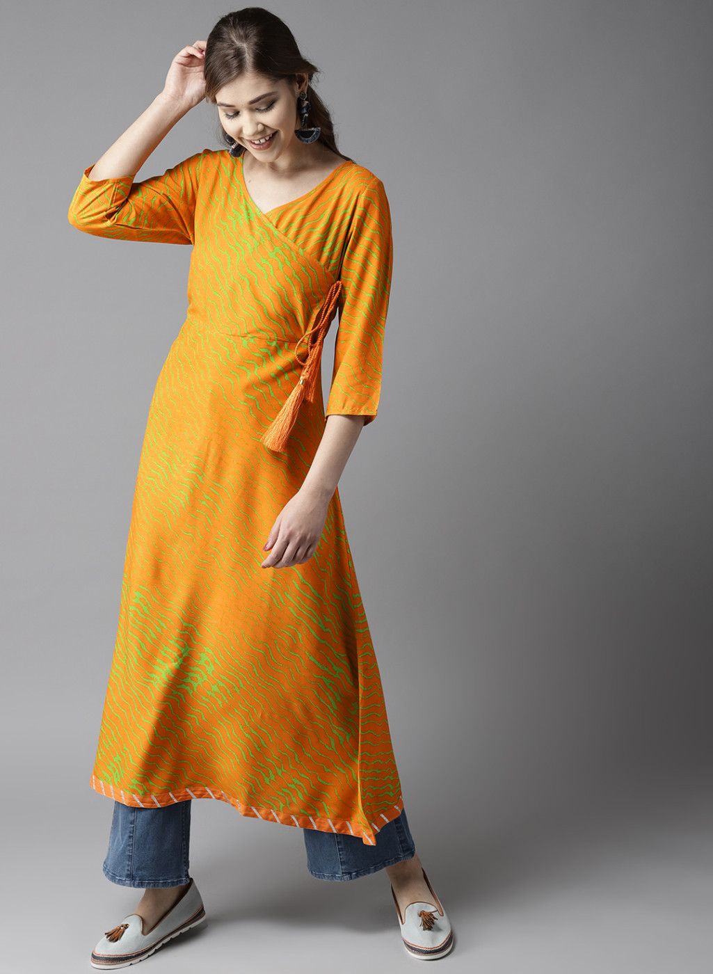 HERE&NOW Yellow & Green Printed Angrakha A-Line Kurta