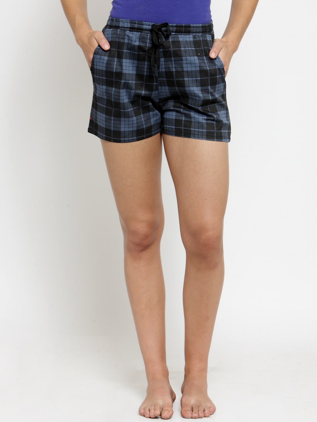 Claura Women Blue & Black Checked Lounge Shorts  07 Price in India