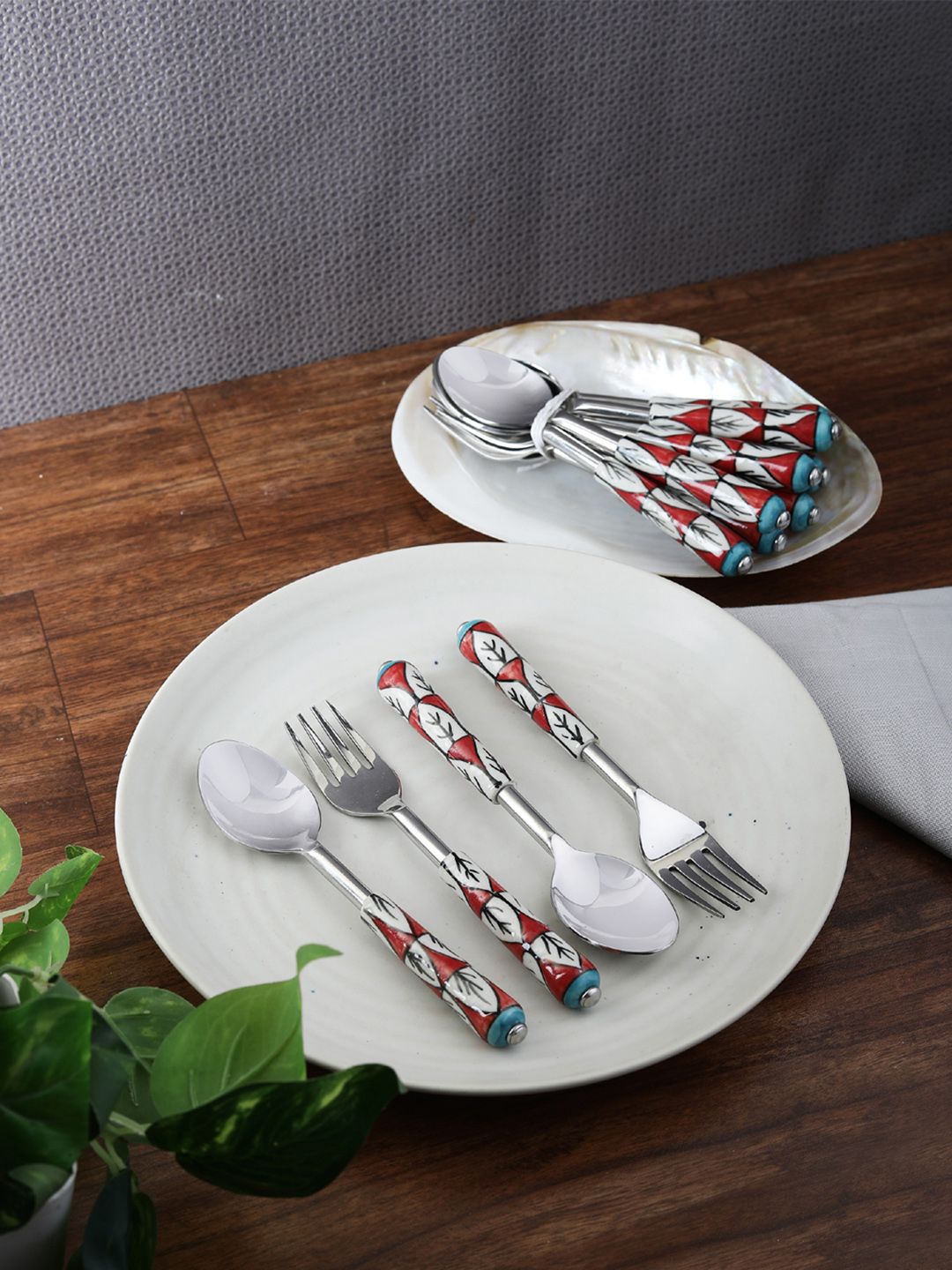 VarEesha Red & White 12-Pieces Printed Stainless Steel Handpainted Spoon & Fork Set Price in India