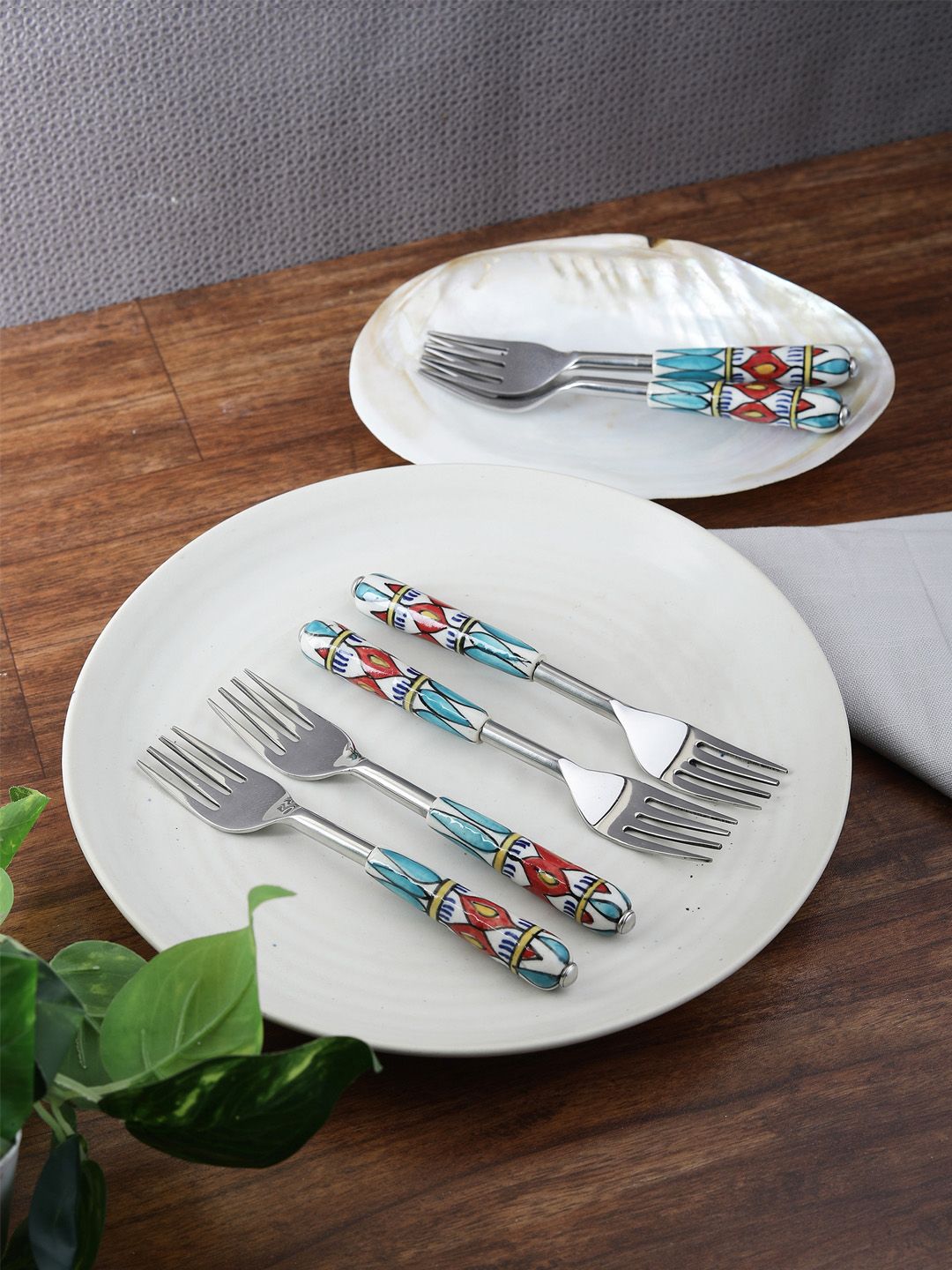 VarEesha Turquoise Blue Printed Stainless Steel Set of 6 Fork Price in India