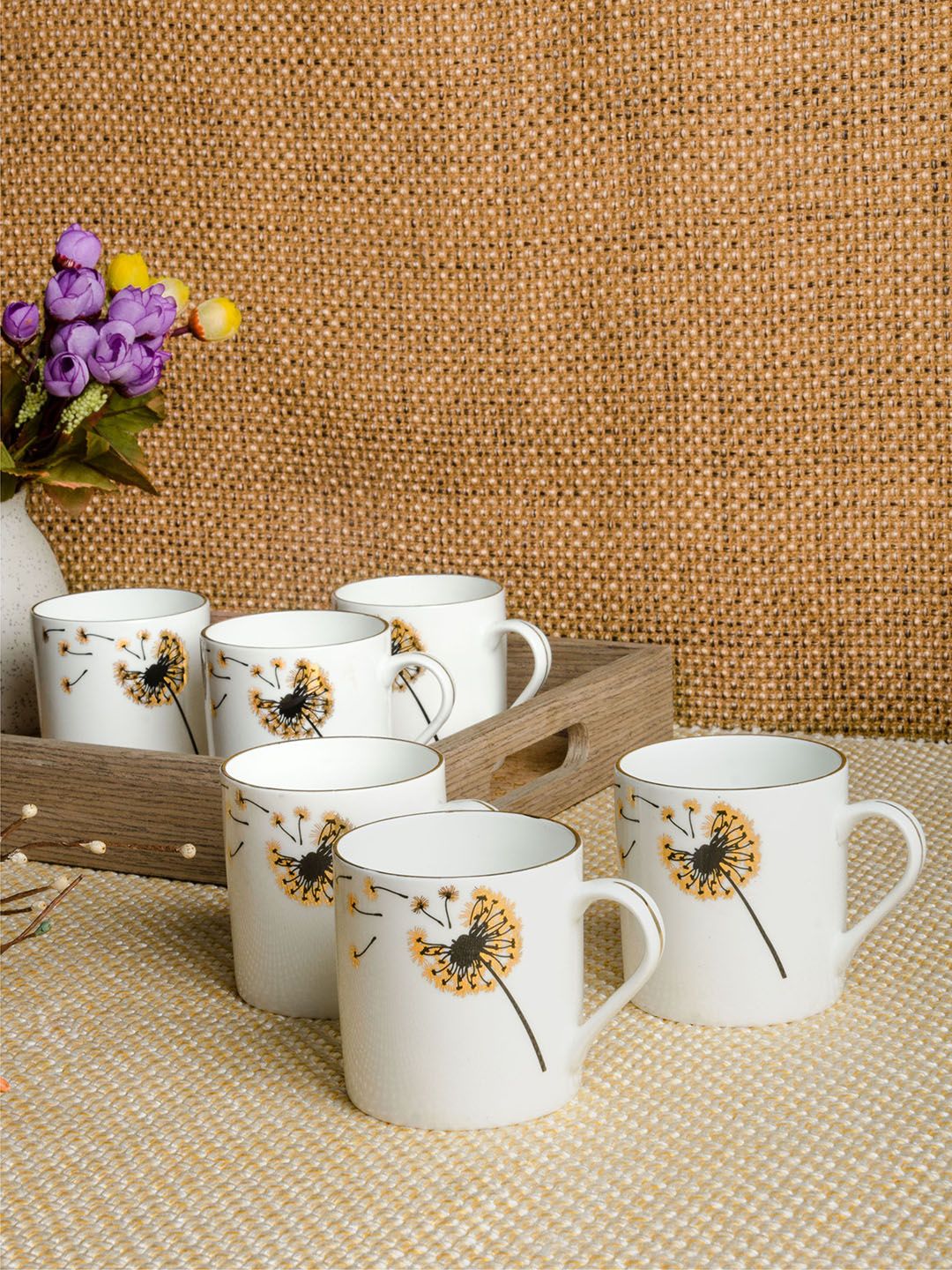 SONAKI White Floral Bone China Handmade 6 Piece Mugs-200ml