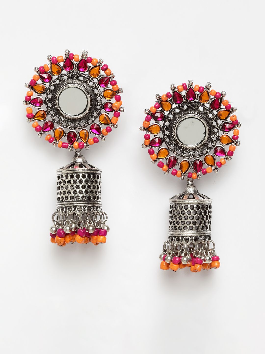 Moedbuille Orange & Silver-Plated Handcrafted Dome Shaped Jhumkas Price in India