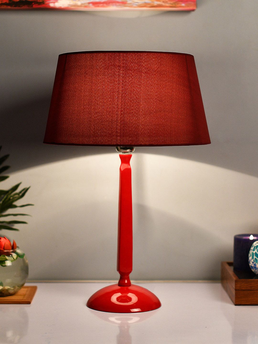 Homesake Red Solid Handcrafted Table Lamp with Shade Price in India