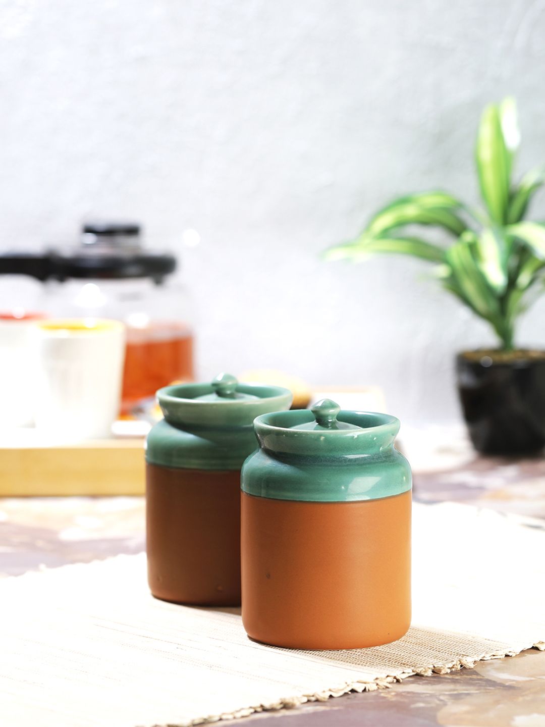 VarEesha Set of 2 Brown & Green Ceramic Jars Price in India