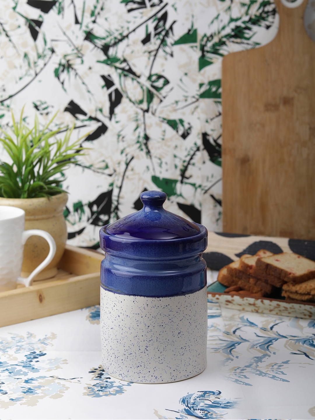 VarEesha White & Blue Textured Ceramic Jar Price in India
