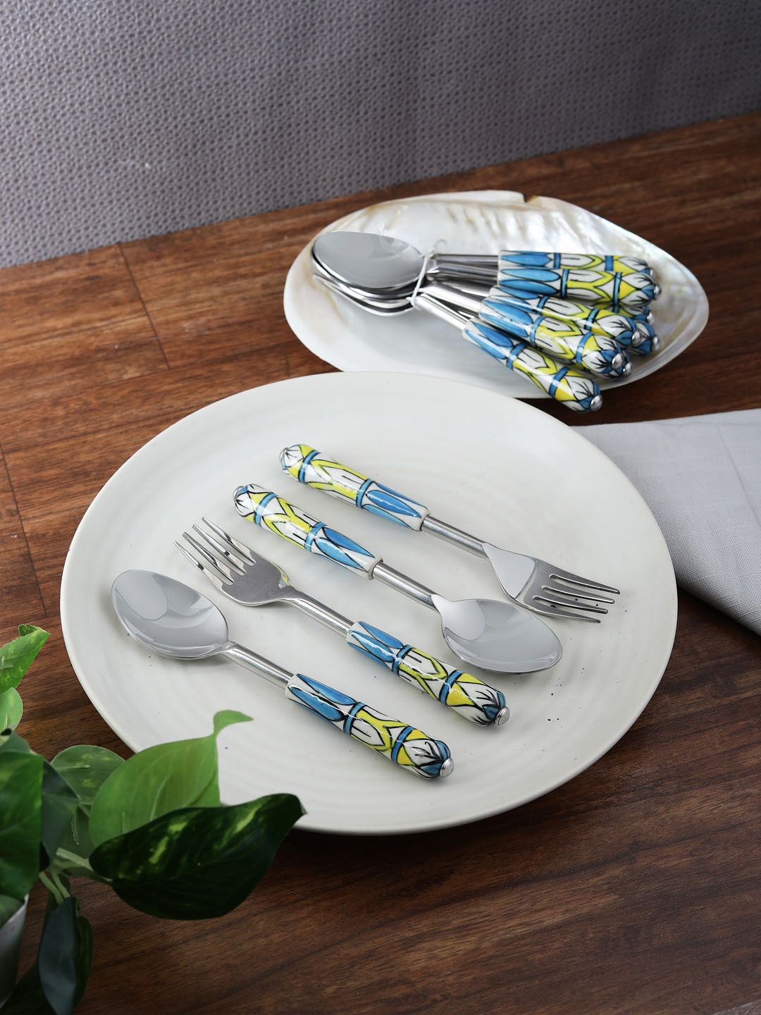 VarEesha Blue Set Of 12 Printed Stainless Steel Hand-Painted Spoon & Fork Set Price in India