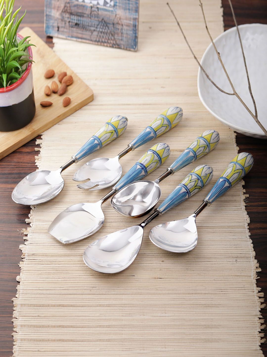 VarEesha Blue Set of 6 Stainless Steel Hand-Painted Serving Spoon Price in India