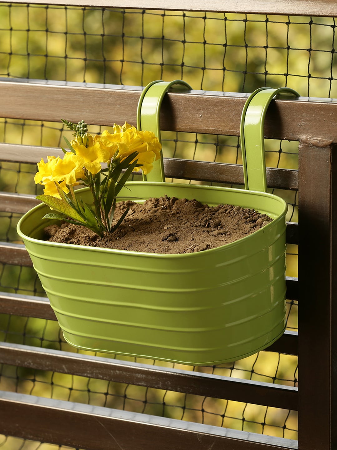 ExclusiveLane Green Solid Hand-Painted Railing Cum Table Planter Price in India