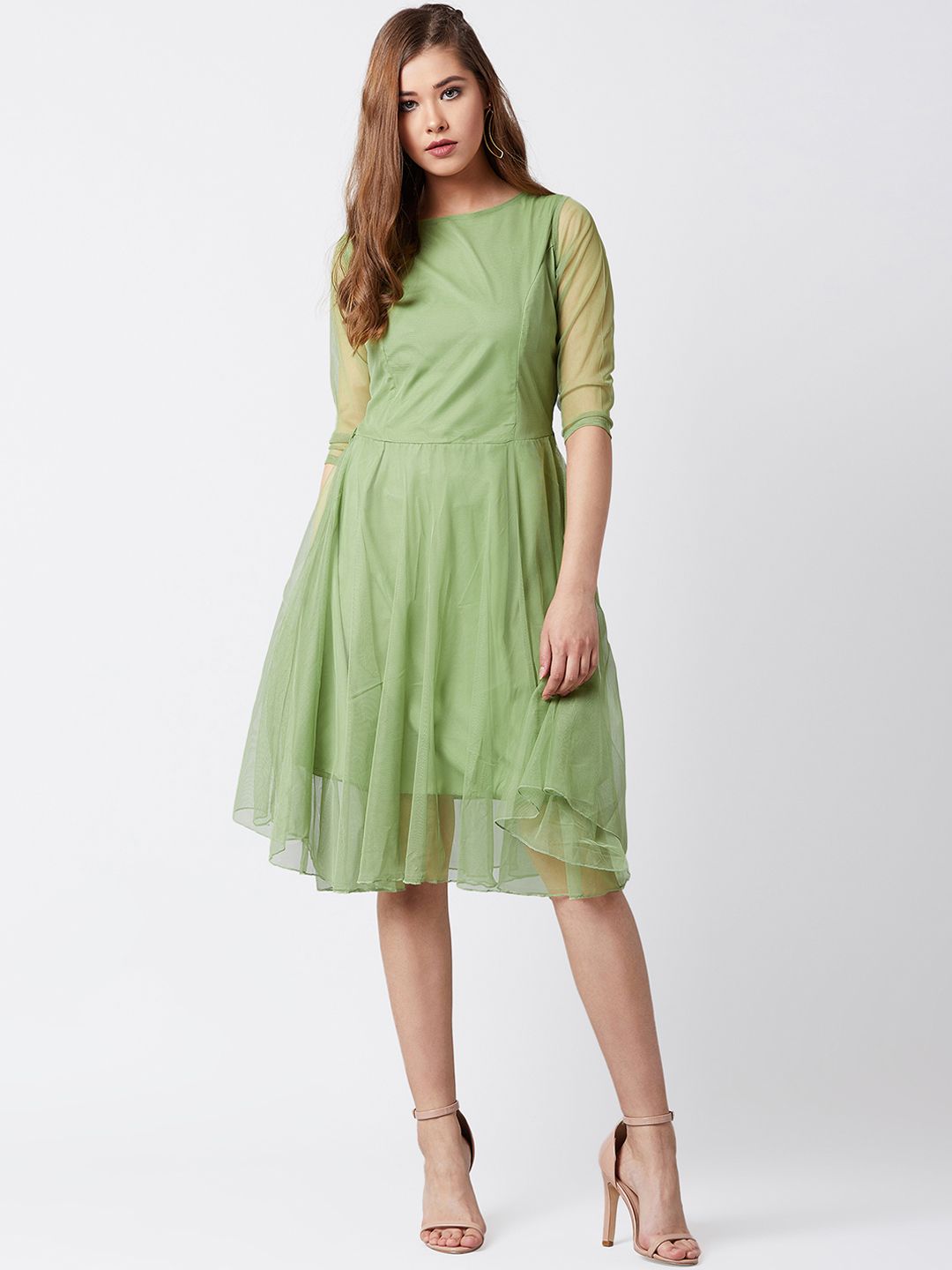 U&F Women Green Solid Fit and Flare Dress Price in India