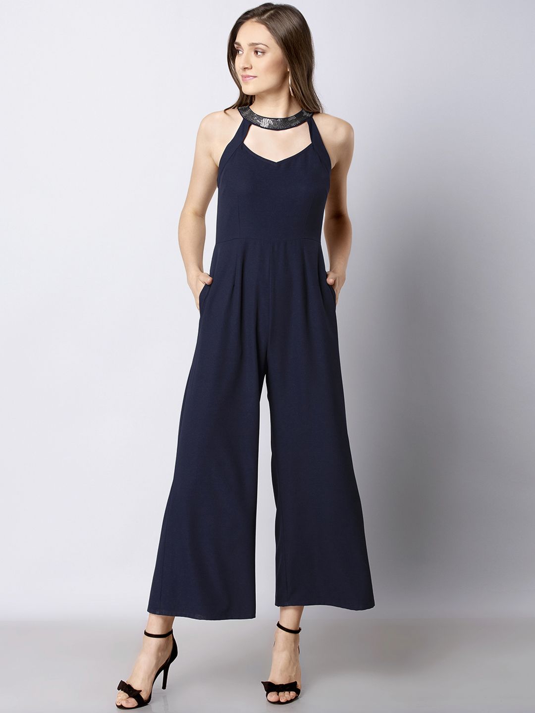 FabAlley Blue Solid Basic Jumpsuit Price in India