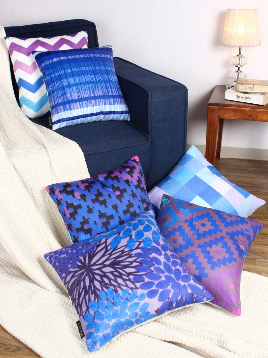 ROMEE Blue Set of 6 Geometric Square Cushion Covers Price in India