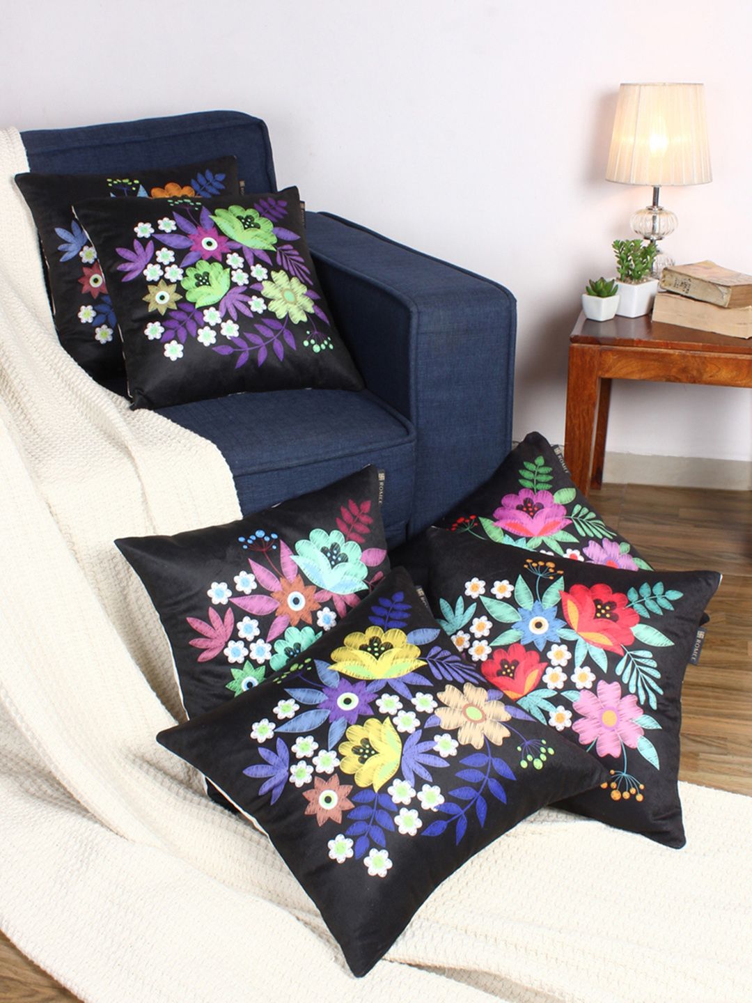 ROMEE Black Set of 6 Floral Square Cushion Covers Price in India