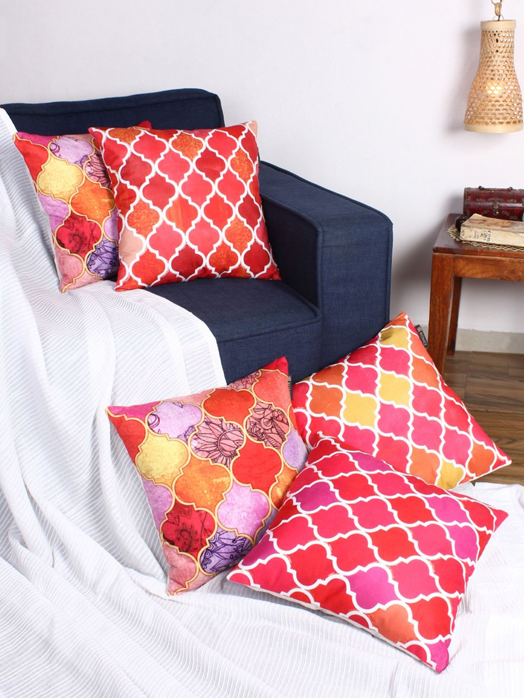 ROMEE Multicoloured Set of 5 Geometric Square Cushion Covers Price in India