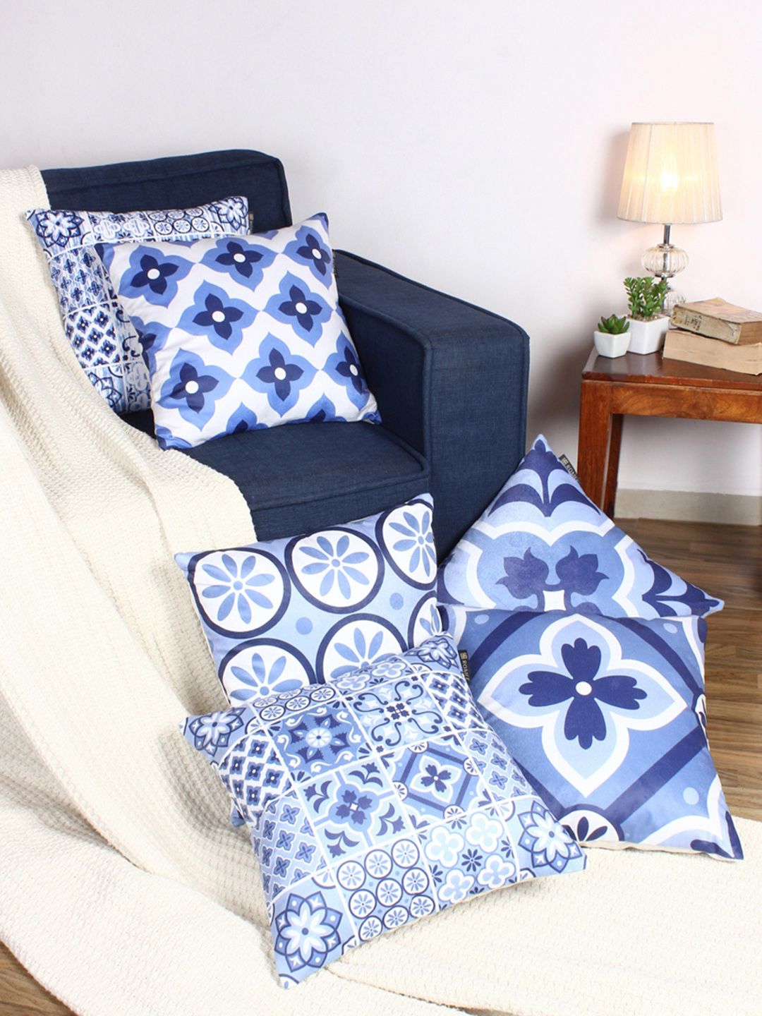 ROMEE Blue Set of 6 Floral Square Cushion Covers Price in India