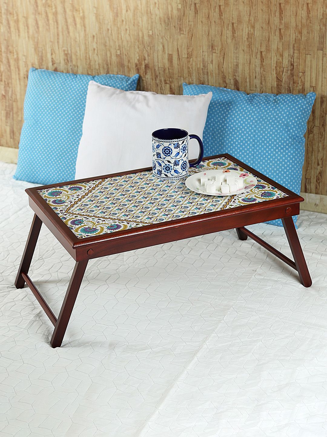Reinvention Factory Brown Printed Teak Wood Bed Table Price in India