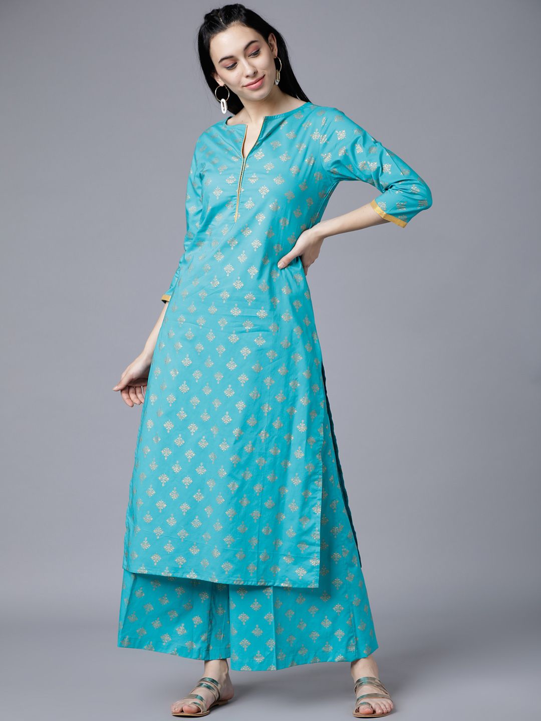 Vishudh Women Turquoise Blue & Gold-Toned Printed Kurti with Palazzos Price in India