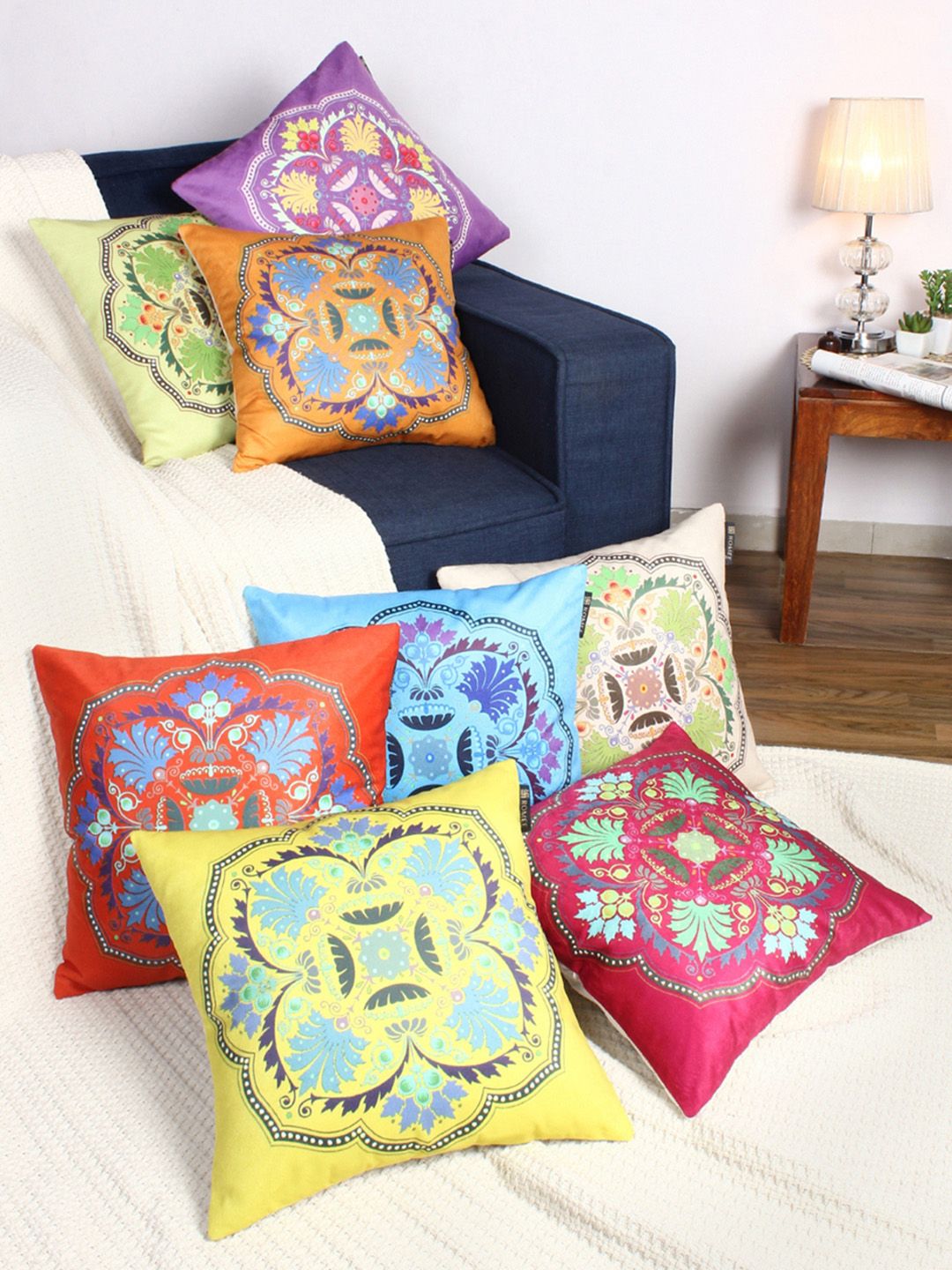 ROMEE Multicoloured Set of 8 Floral Square Cushion Covers Price in India