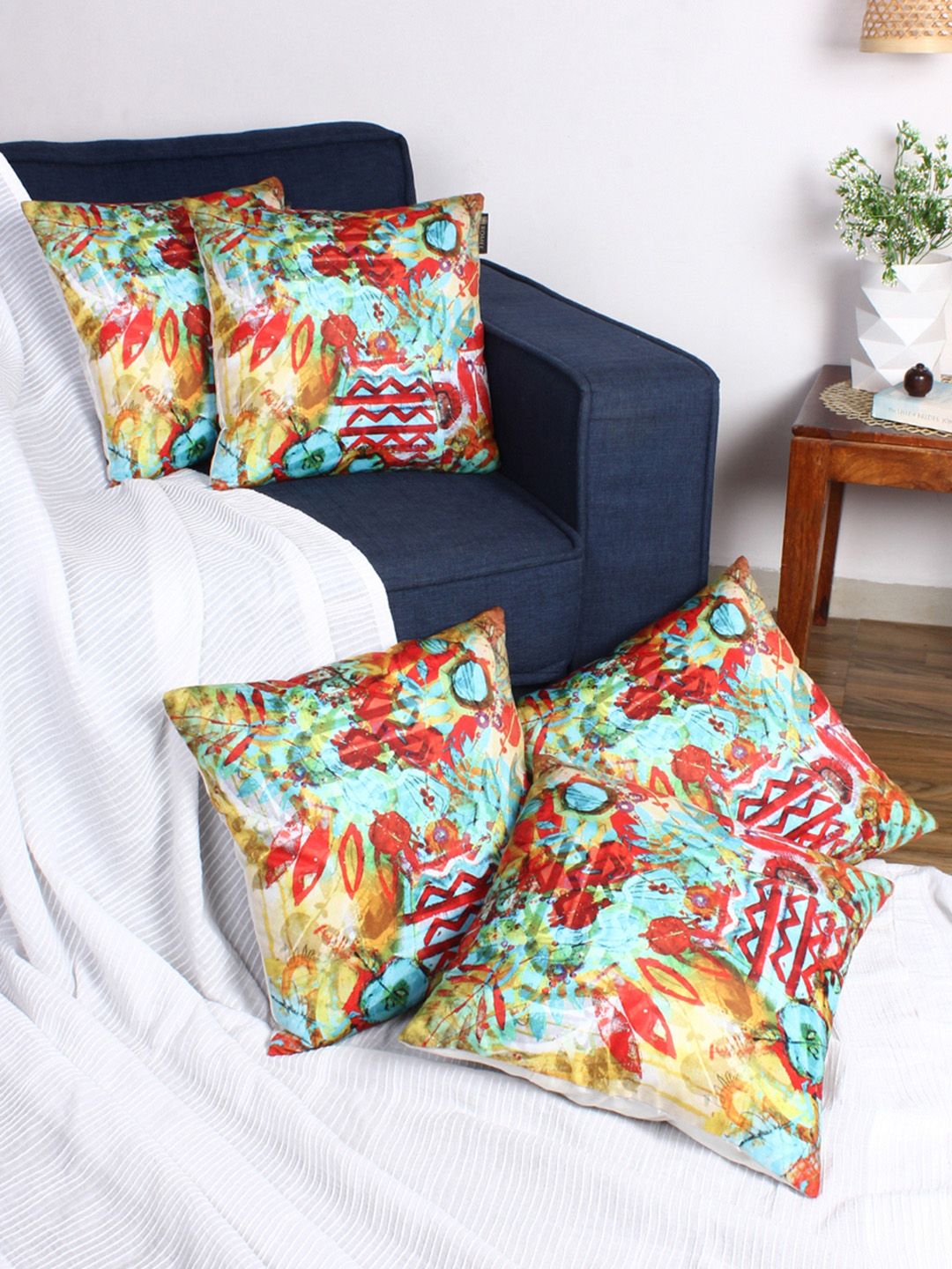 ROMEE Multicoloured Set of 5 Abstract Square Cushion Covers Price in India