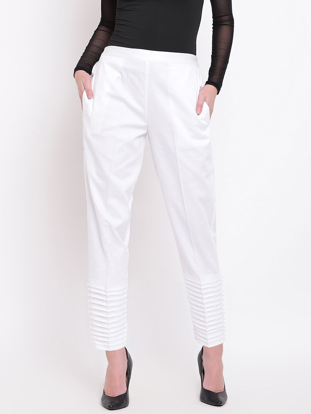 RIVI Women White Regular Fit Solid Regular Trousers Price in India