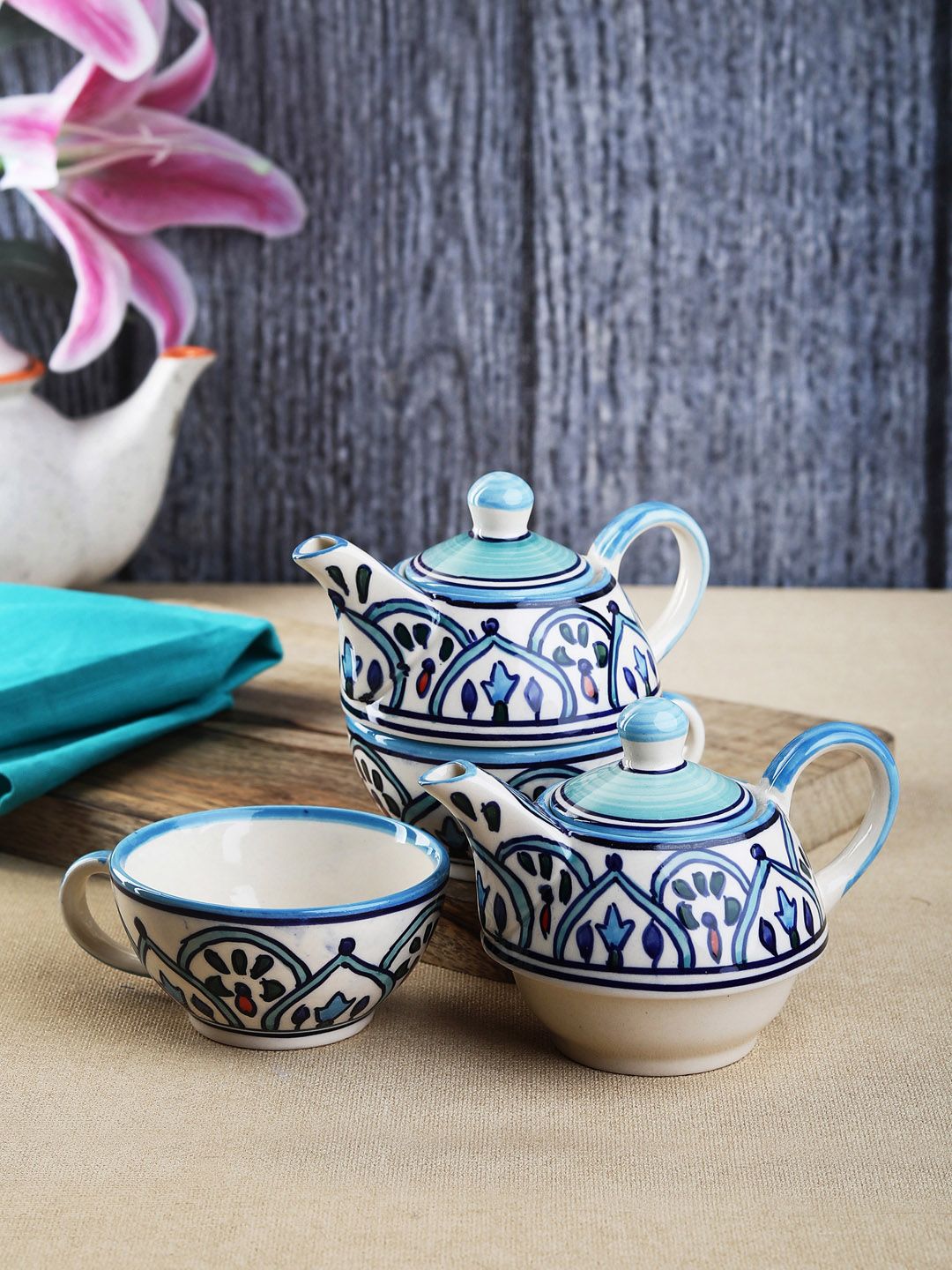 VarEesha Set of 4 Off-White & Blue Printed Ceramic Cups and Kettle Price in India