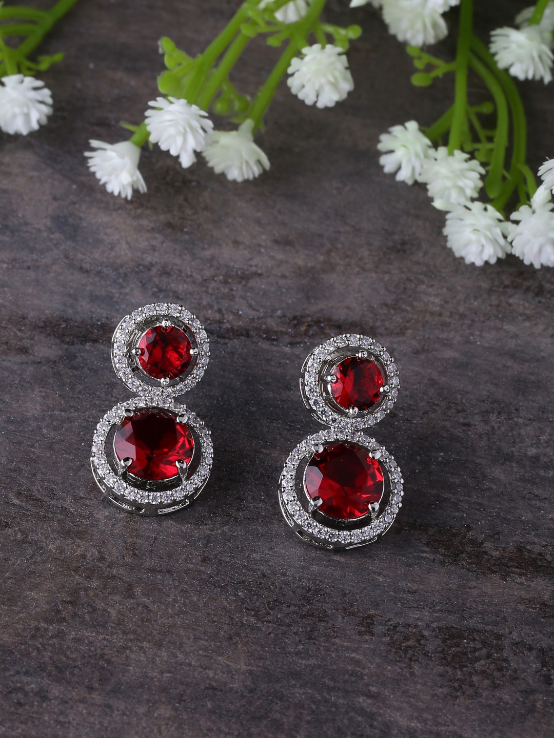 Shoshaa Red & Silver-Plated Circular Drop Earrings Price in India